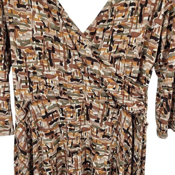 Vintage Slinky Stretch Faux Wrap Dress XL Brown Geometric Gathered Waist Mod USA - Picture 5 of 11